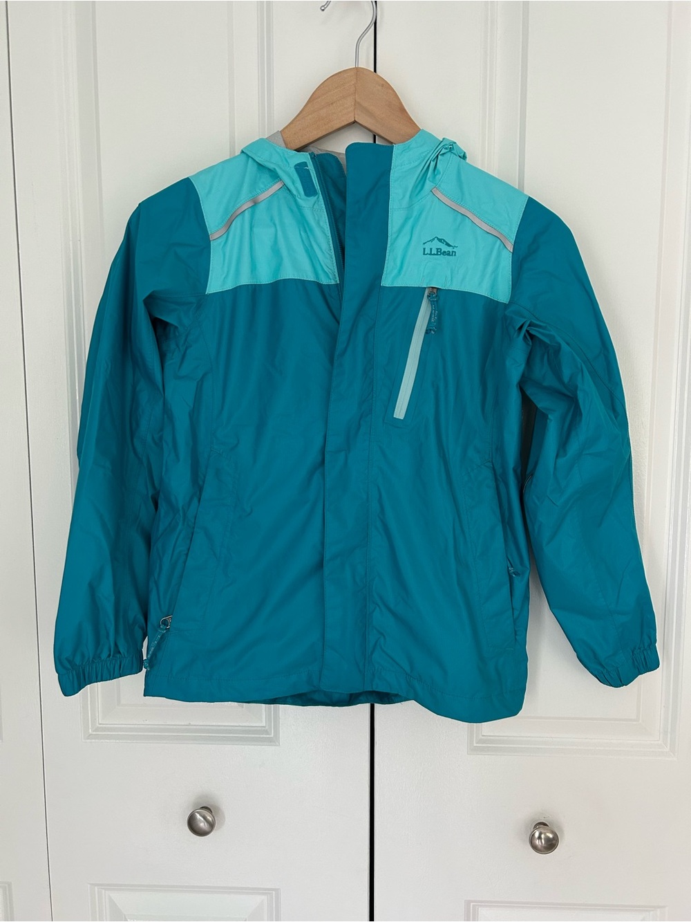 L.L.Bean kids teal blue raincoat waterproof full zip hooded size 8